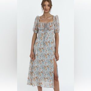 PETAL & PUP blue and coral midi dress with puff sleeves